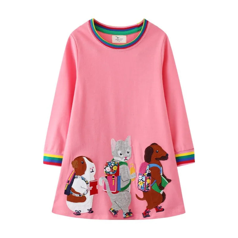 Kids Girls Cats Embroidery Birthday Frocks