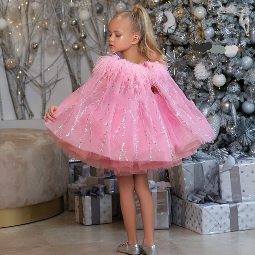 Kids Girls Beading Sequin Ball Gown/Party Dresses with Feather Cape
