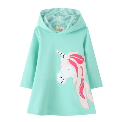 Kids Girls Long Sleeve Cartoon Design Hooded Dresses childrensterritory