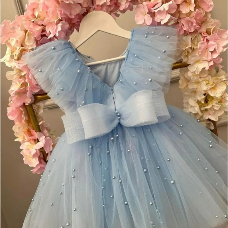 Pearls Design Cute Tulle Gown with Big Bow for Infant Girls