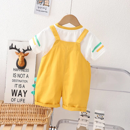 Baby Boys Strips T-Shirt Cartoon Print Denim Bib Pants 2Pcs/Set childrensterritory