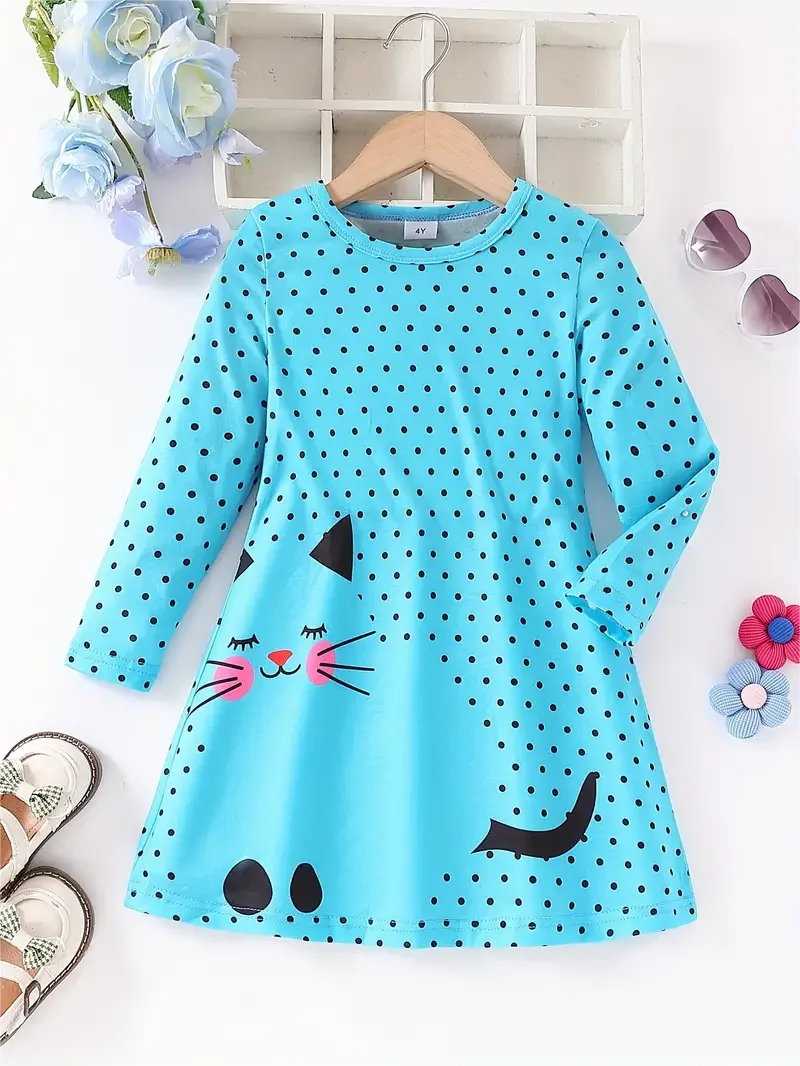 Kids Girls Dots &amp; Kitty Print Long Sleeve Casual Dress childrensterritory