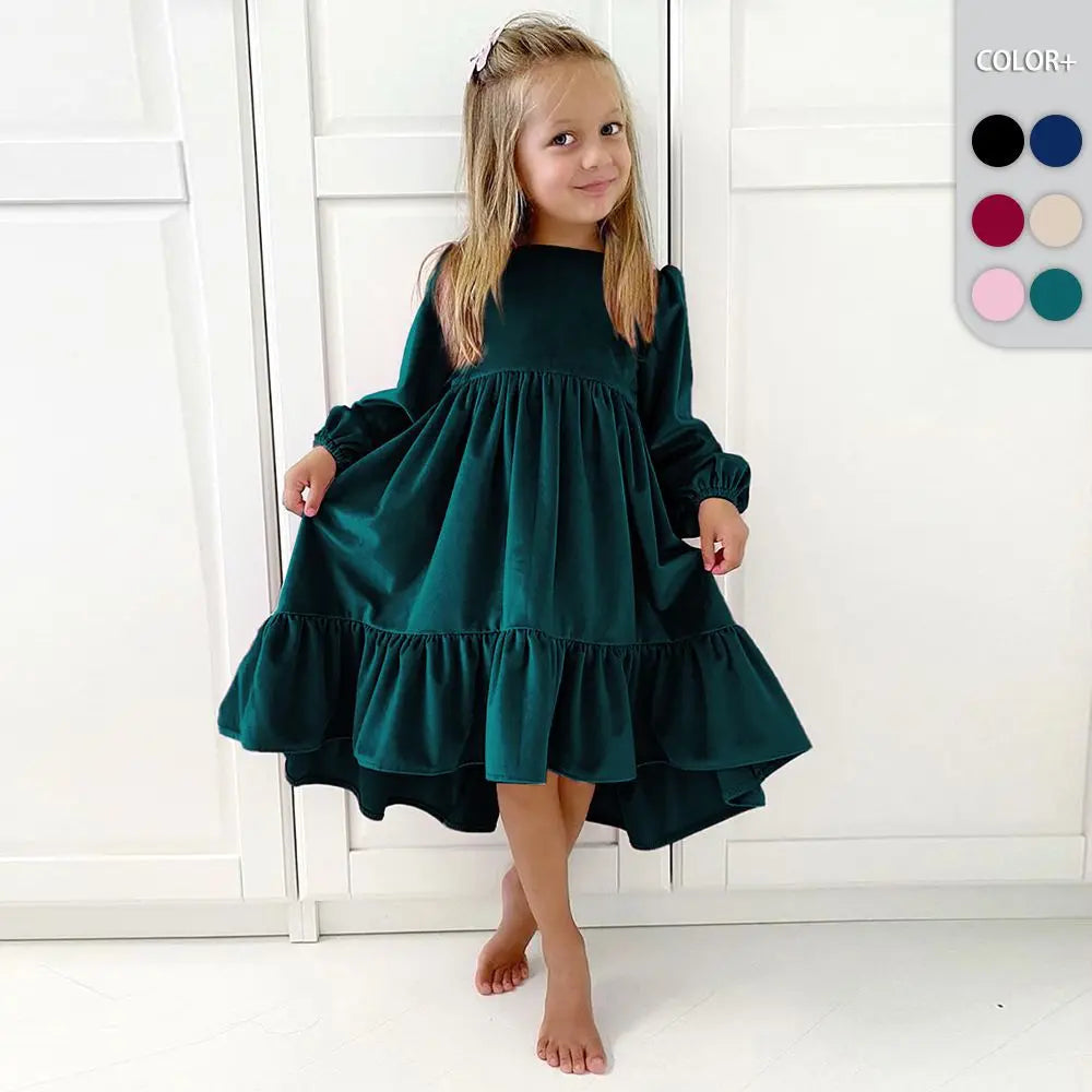 Kids Girls Velvet Long Sleeve Ruffle Hem Party Dresses