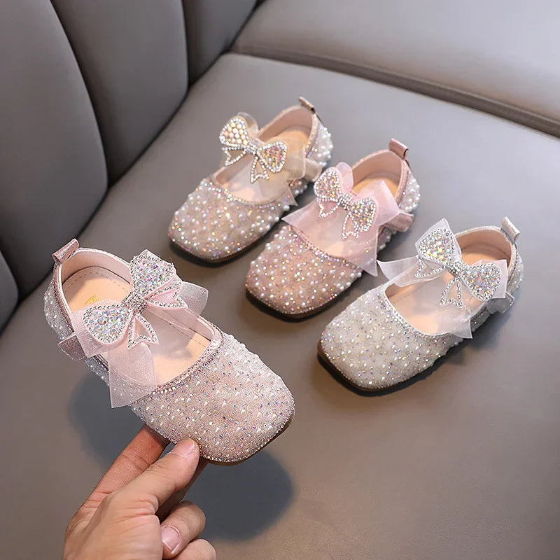 Single Pearl Shallow Kids Girls Bowknot Shoes