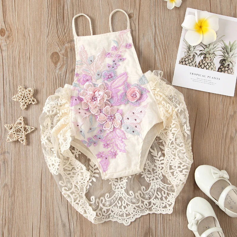 Baby Girls Cute Flower Lace Design Sleeveless Rompers