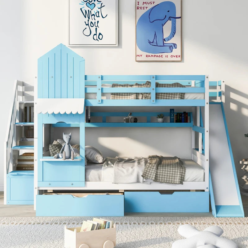 Full-Over-Full Castle Bunk Bed with Slide, Shelves, and Drawers childrensterritory