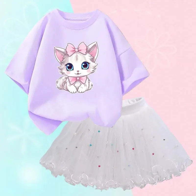 Little Girls Cute Cartoon Print T-Shirt &amp; Mesh Tutu Skirt Outfits