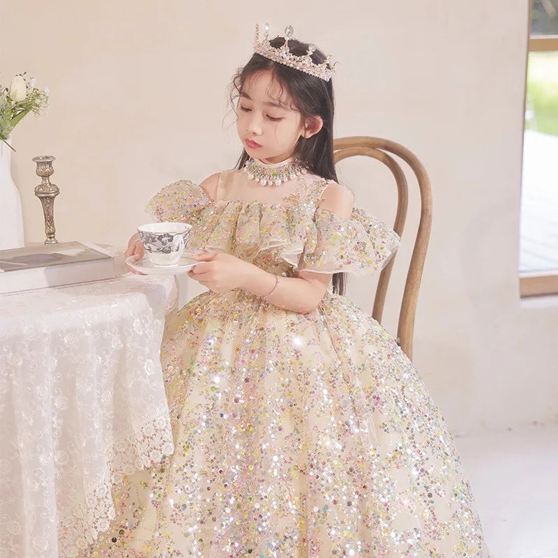 Kids Girls Fluffy Gauze Sequins Gown Evening Princess Dress childrensterritory