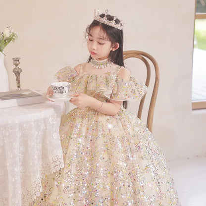 Kids Girls Fluffy Gauze Sequins Gown Evening Princess Dress childrensterritory