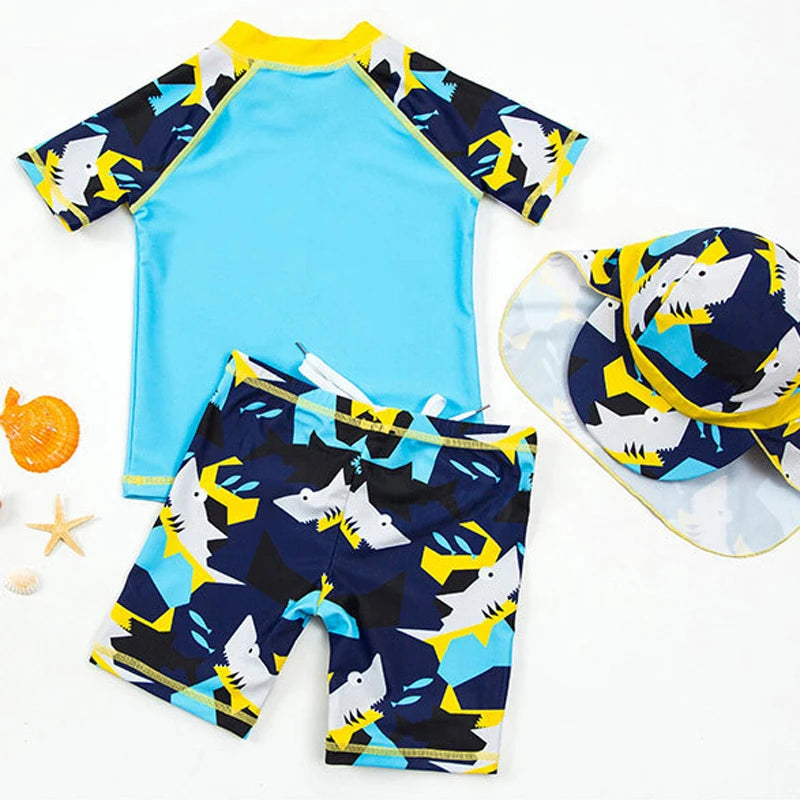 Cartoon Print Short Sleeve 3pcs Swimwear with Hat for Little Boys