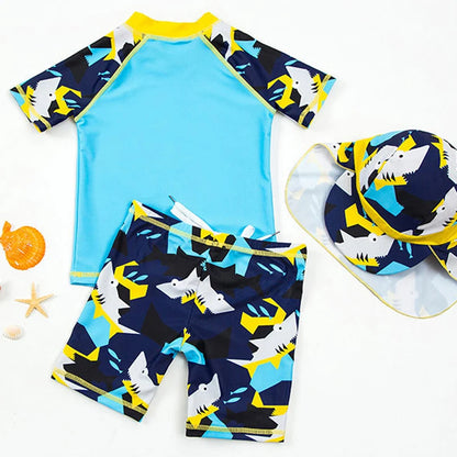 Cartoon Print Short Sleeve 3pcs Swimwear with Hat for Little Boys