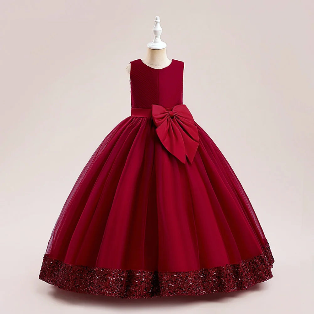 Solid Color Sequin Bow Design Kids Girls Formal Evening Vestidos childrensterritory