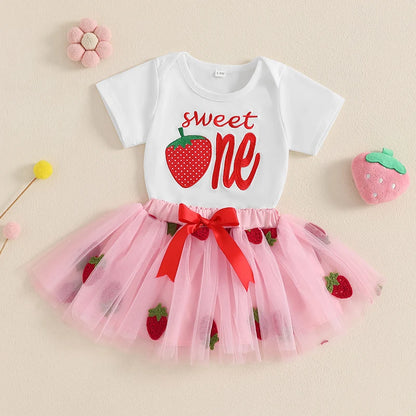 Baby Girl Strawberry Print Romper and Tulle Skirt 2 Pcs Set