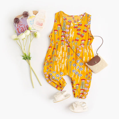 Floral Baby Girls Sleeveless Casual Cotton Jumpsuits childrensterritory