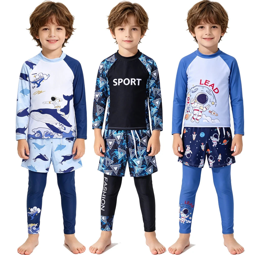 Long Sleeve Printed Sun Protection Kids 3 Piece Swimsuit