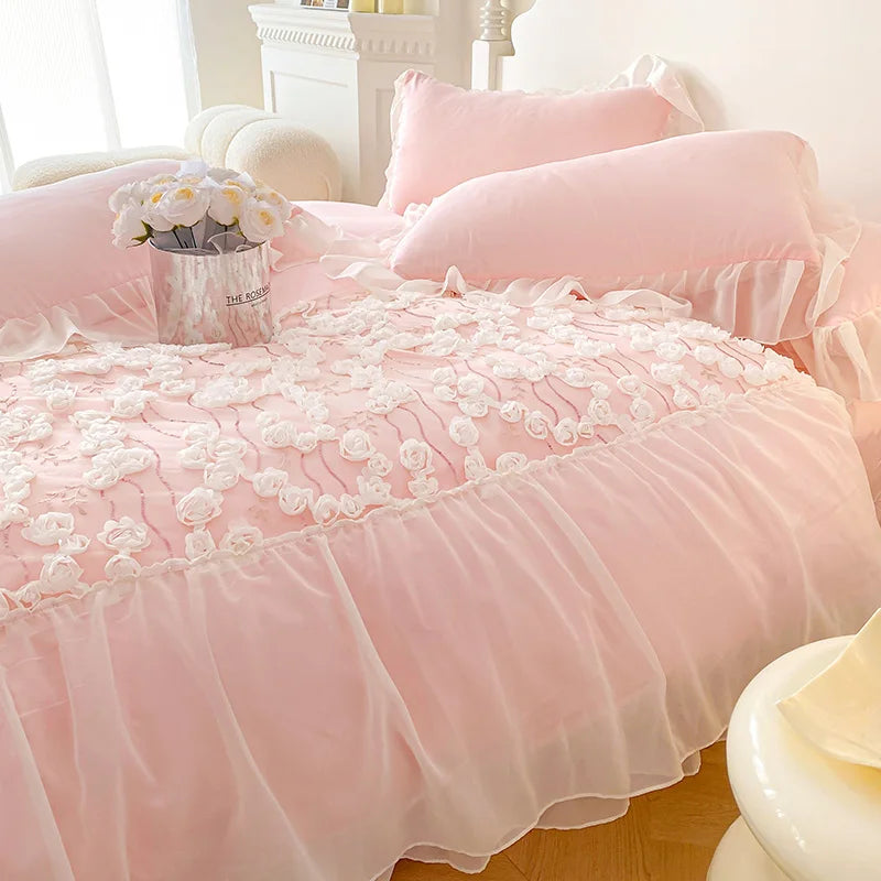 Luxury Pink Lace Design Bedding Set for Girls