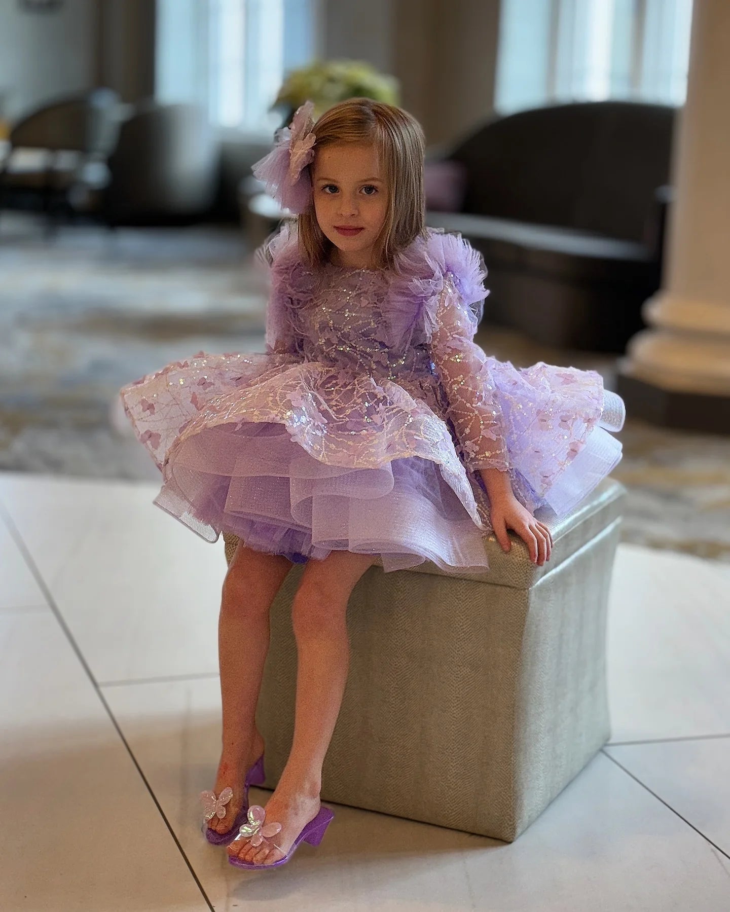 Girls Long Sleeves Butterfly Design Fluffy Party Dresses