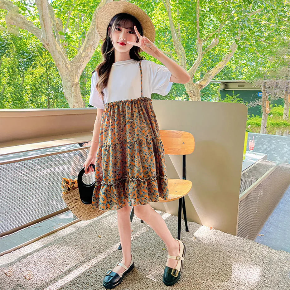Girls Floral Pattern Patchwork Summer Party Dress childrensterritory