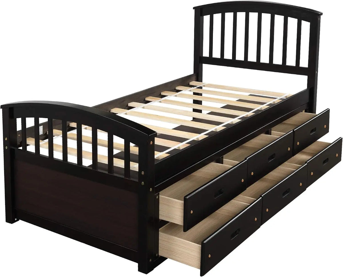 A Twin-Sized Wooden Platform Bed with Six Drawers for Storage