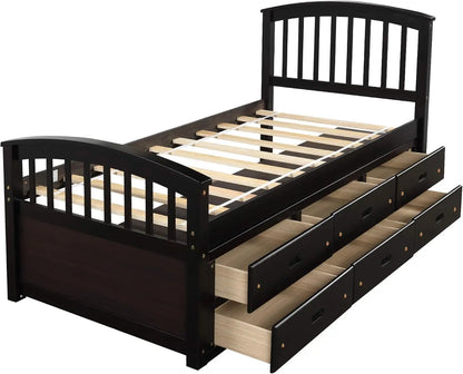 A Twin-Sized Wooden Platform Bed with Six Drawers for Storage