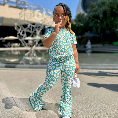 Kids Girls Daisy Green Tops + Flared Pant Boutique Outfits childrensterritory