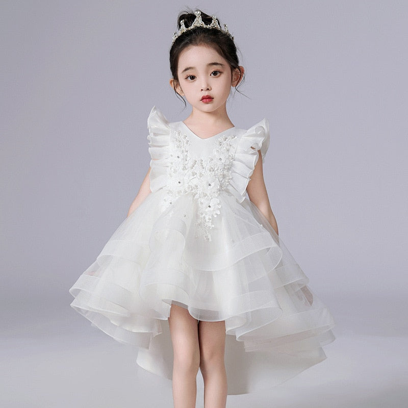 Lace Flower Embroidery Fluffy Mesh Trailing Girls Party Dresses childrensterritory