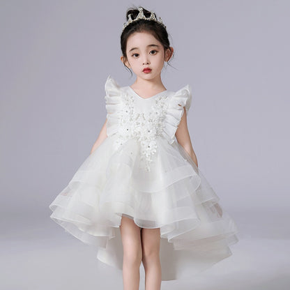Lace Flower Embroidery Fluffy Mesh Trailing Girls Party Dresses childrensterritory
