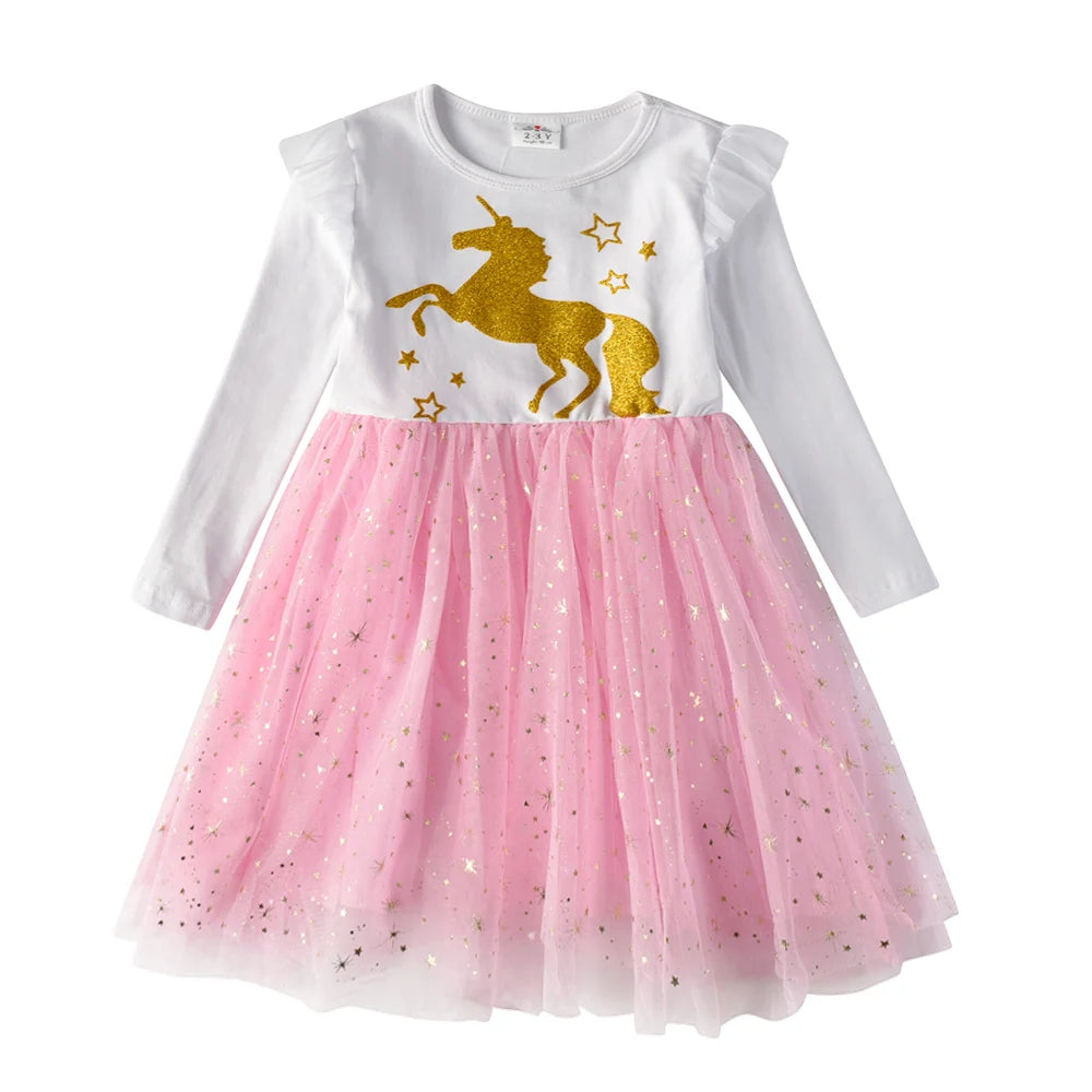 Cartoon Print Long Sleeve Girls Sequined Princess Dresses childrensterritory