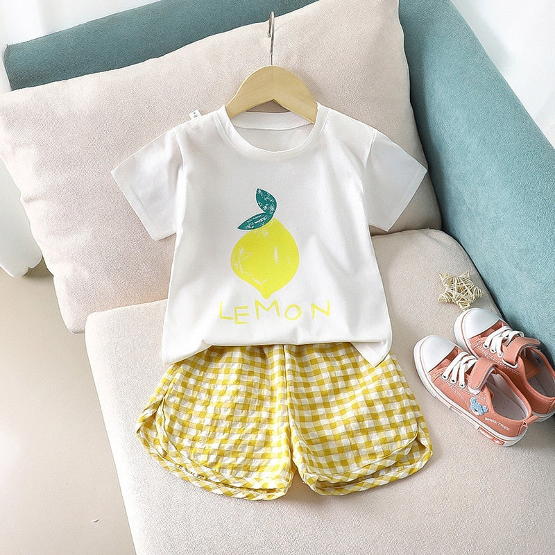 Baby Girl Fruit Print Top with Plaid Shorts Clothing Set childrensterritory