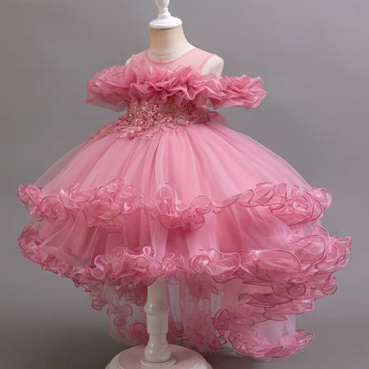 Kids Girls Soft Gauze Solid Color Party Desses with Trailing childrensterritory