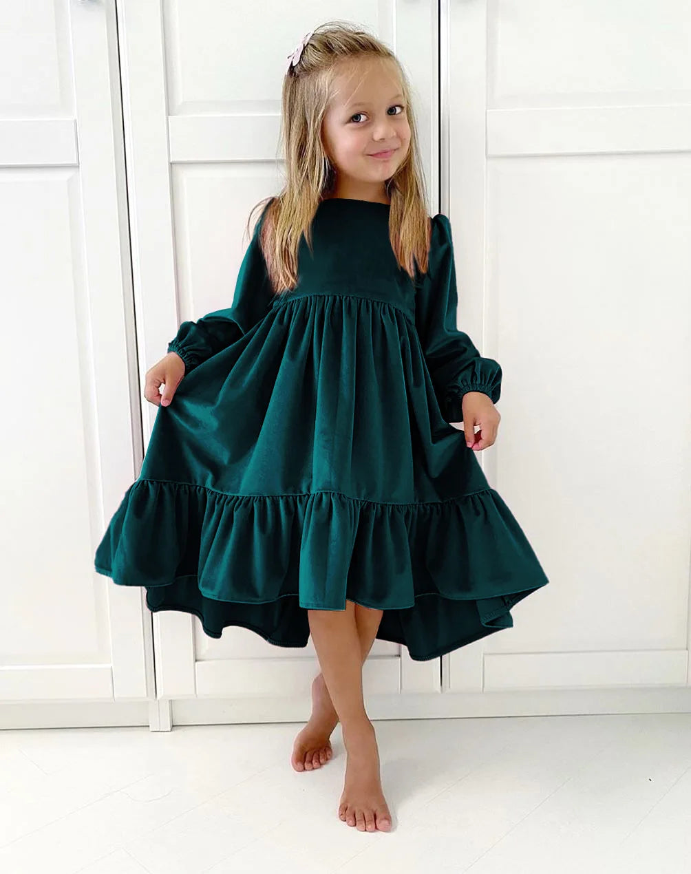 Kids Girls Velvet Long Sleeve Ruffle Hem Party Dresses