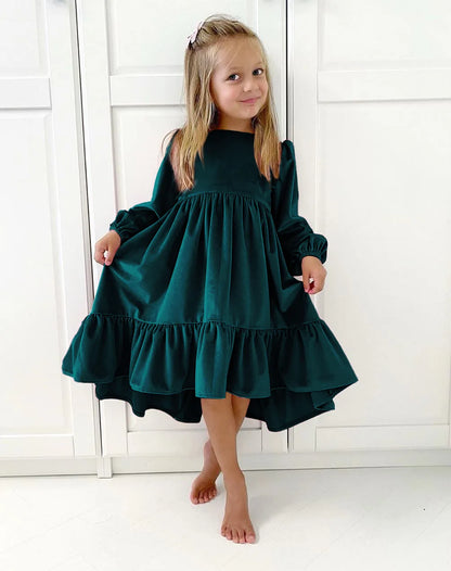Kids Girls Velvet Long Sleeve Ruffle Hem Party Dresses