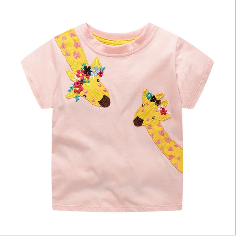 Cartoon Animal Design Little Girls Cotton T Shirts for Summer