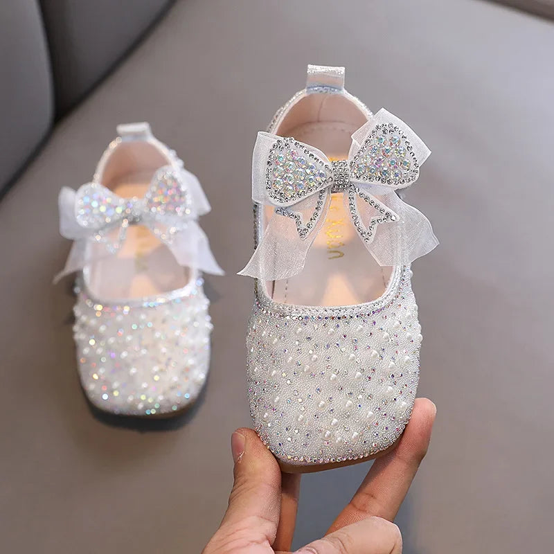 Single Pearl Shallow Kids Girls Bowknot Shoes