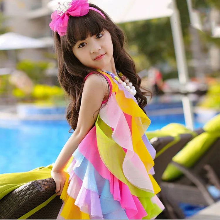 Sleeveless Rainbow Color Beach Dress For Kids Girls