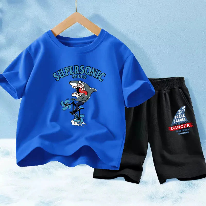Kids Boy Funny Shark Print T-Shirts and Half Pants Set childrensterritory