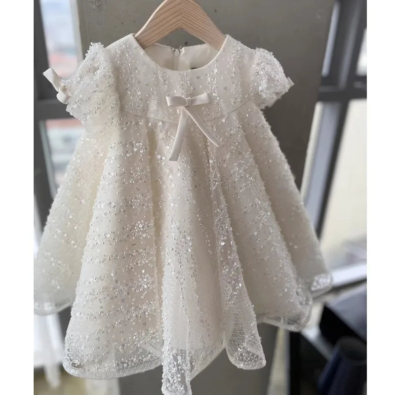 Little Girls' Short-Sleeved, Glittery, Vintage-Style Pageant Gown