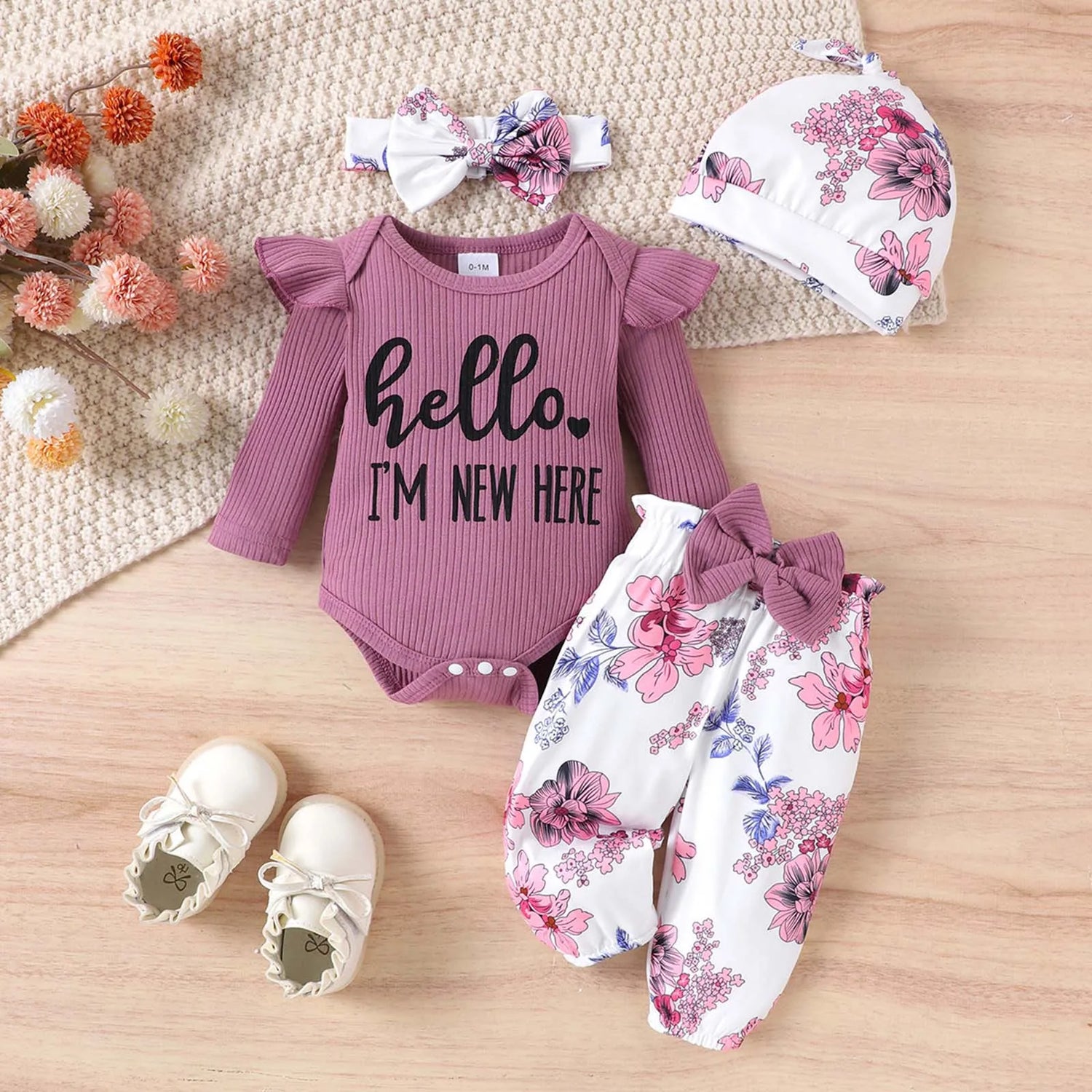 Newborn Girls Ruffle Romper Floral Pants with Hat Outfit