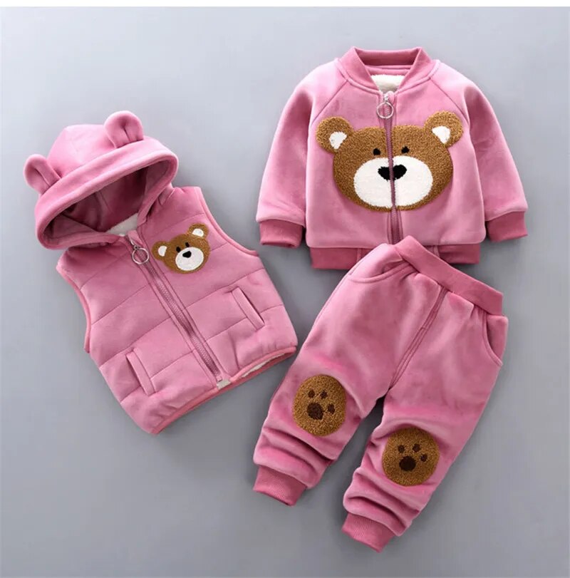 Baby Fleece Cartoon Bear Design, 3 Pieces Warm Clothing Set childrensterritory