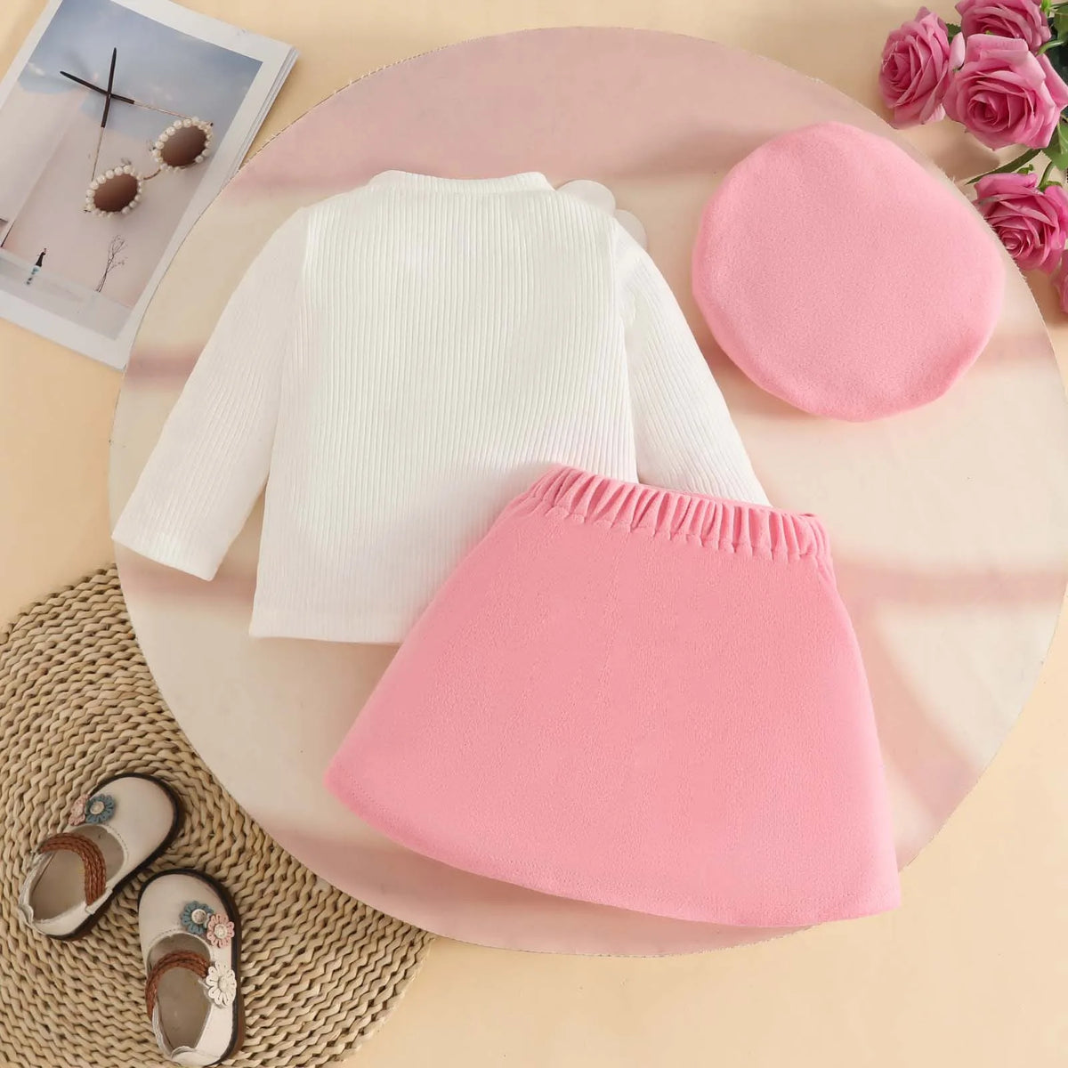 Baby Girls 3Pcs Cute Top+Bow Skirt+Beret Fashion Outfit