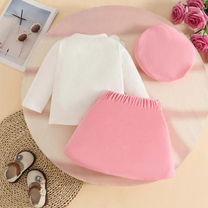 Baby Girls 3Pcs Cute Top+Bow Skirt+Beret Fashion Outfit