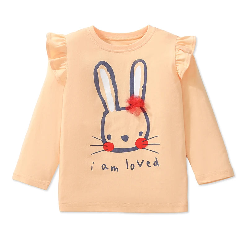 Round Neck Long Sleeves Cartoon Print Cotton Tops For Girls