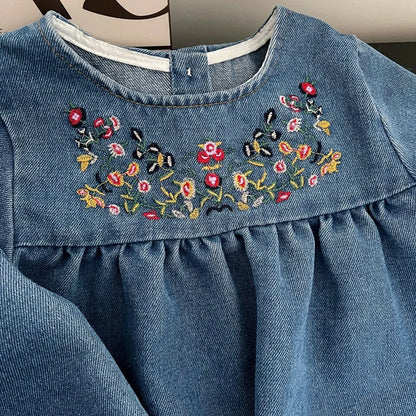 Little Girl Retro Style Embroidered Denim Fashionable Dress childrensterritory