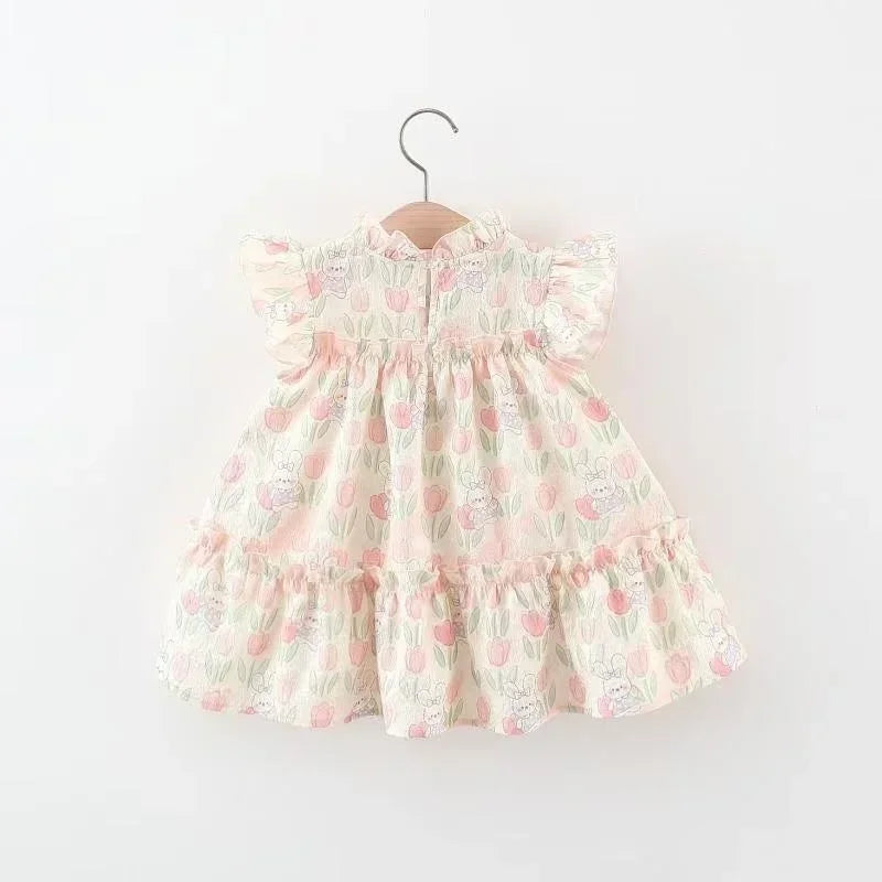 Baby Girl Cartoon Rabbit Tulip Print Dress for Summer