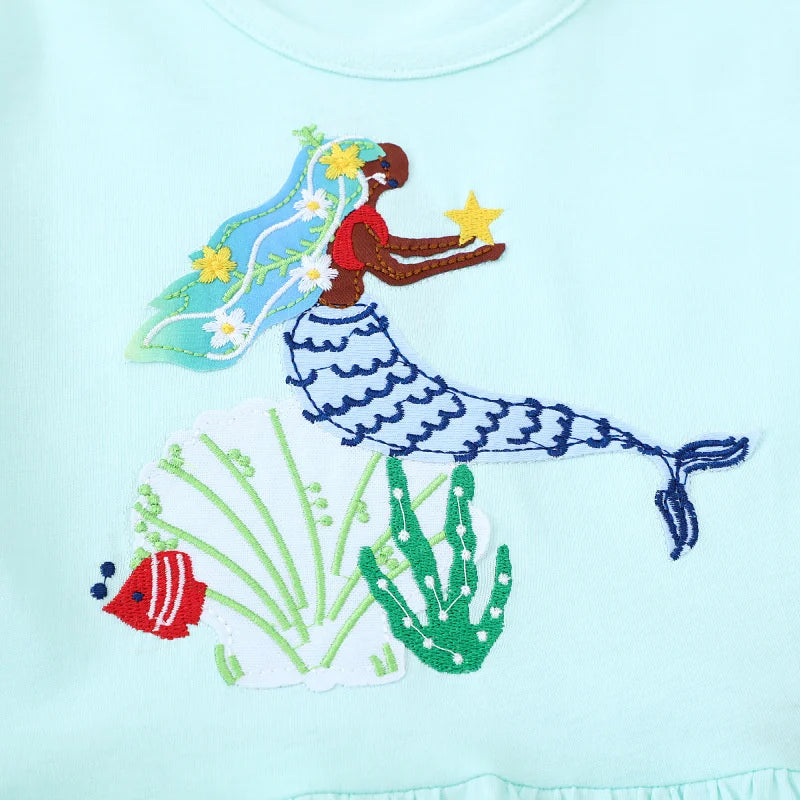 Kids Girls Short Sleeve Mermaid Embroidery Birthday Party Dresses childrensterritory