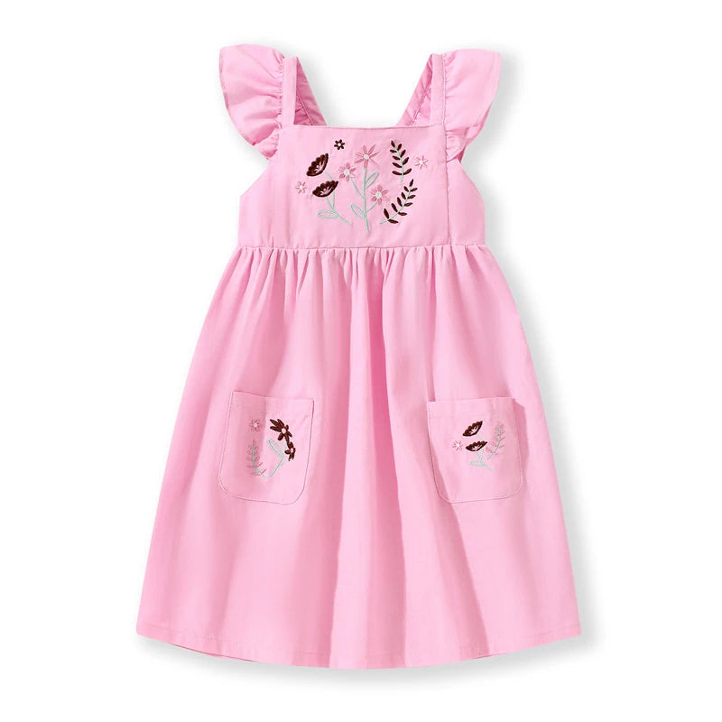 Little Girls Floral Appliques Design Summer Dress with Pockets