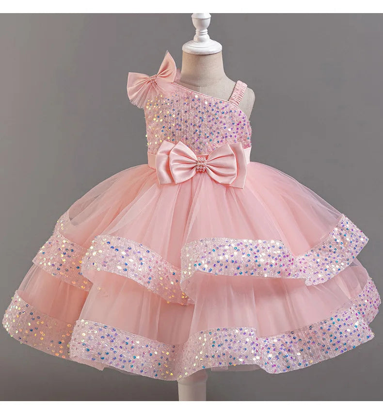 Kids Girls Sequins and Bow Design Birthday Party Flower Dresses