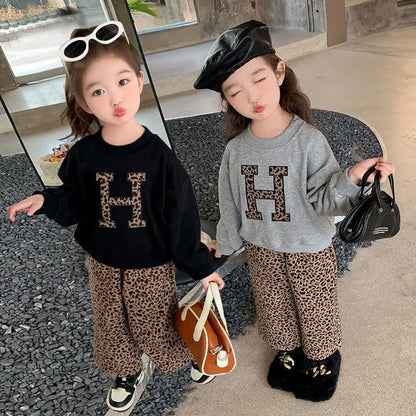 Kids Girls Leopard Letter Printed 2pcs Suit Set childrensterritory