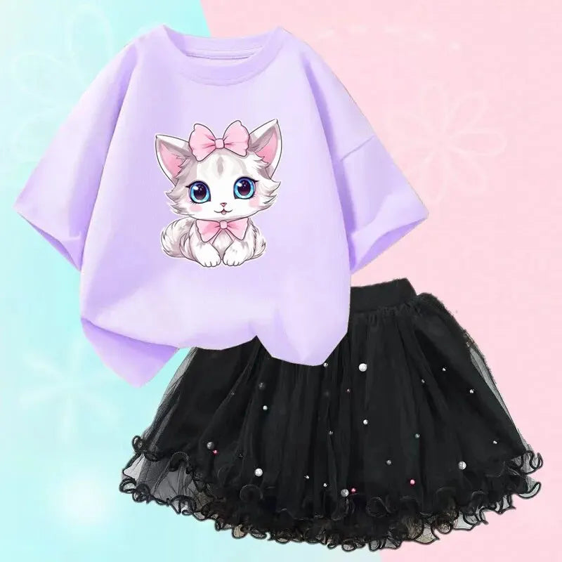 Little Girls Cute Cartoon Print T-Shirt &amp; Mesh Tutu Skirt Outfits