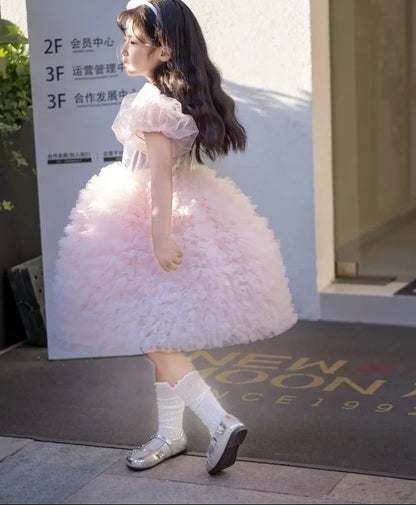 Little Girls Pink Tulle Tiered Gown for Birthday, Wedding, Baptism